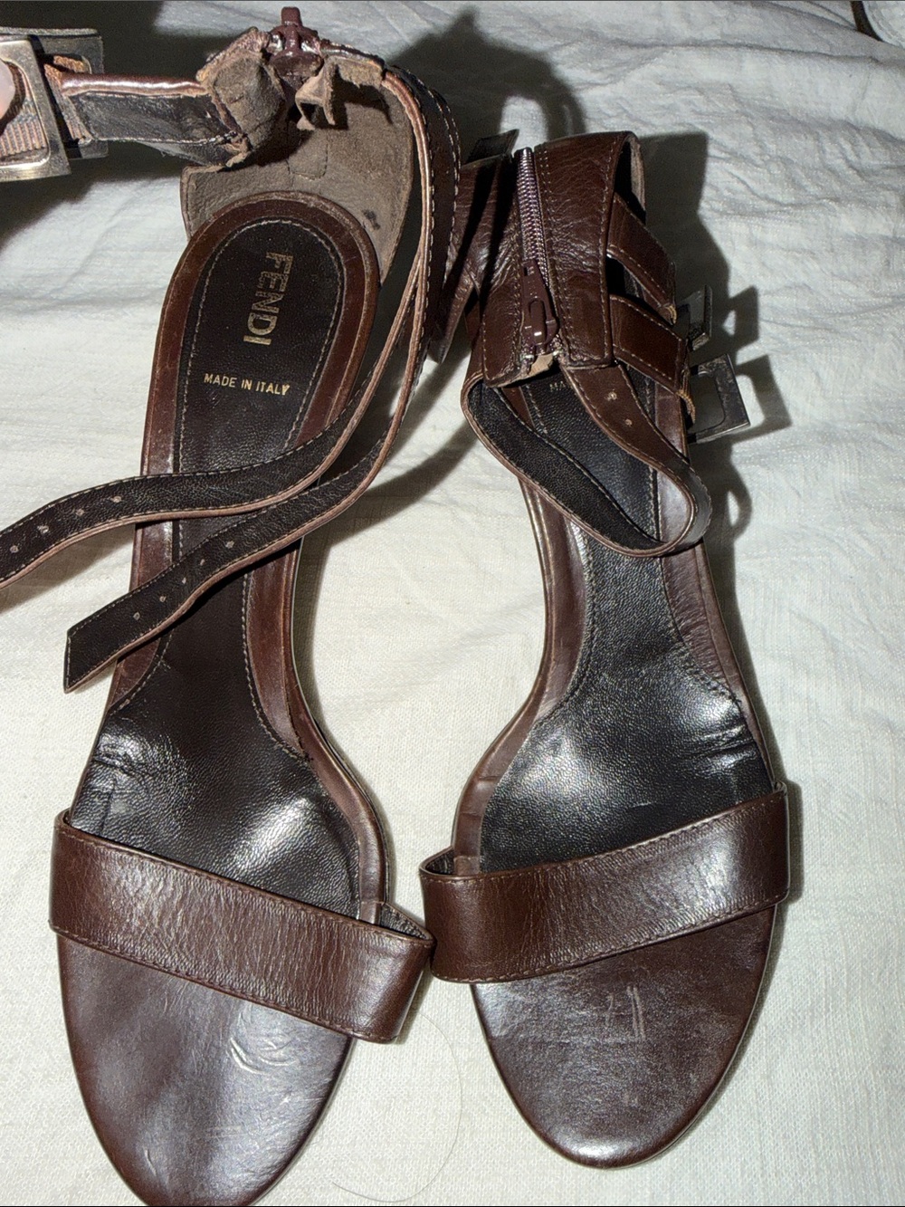 Fendi Brown Leather Open-Toe Ankle-Strap Heels